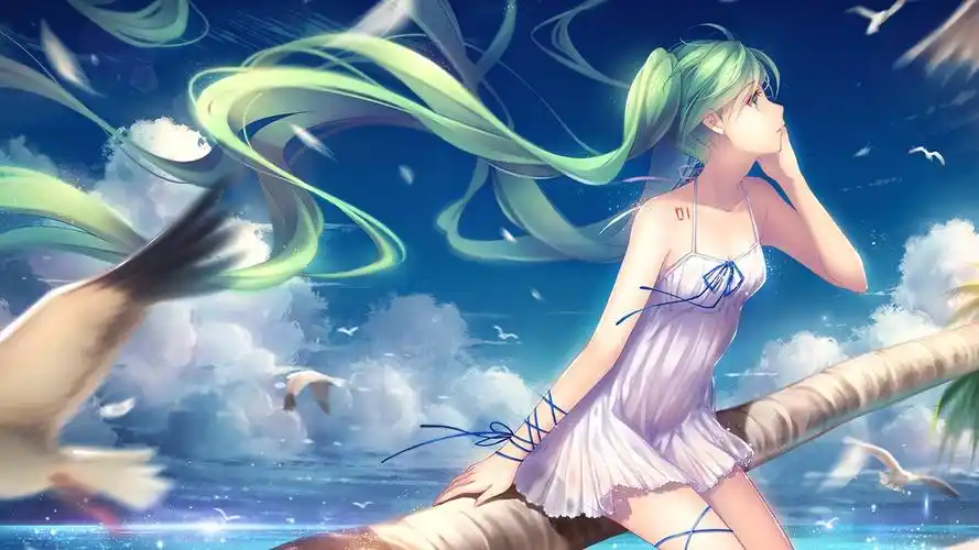 初音未来,绿色的头发动漫女孩,海鸥,海 壁纸 | 1920x1080 壁纸下载 |