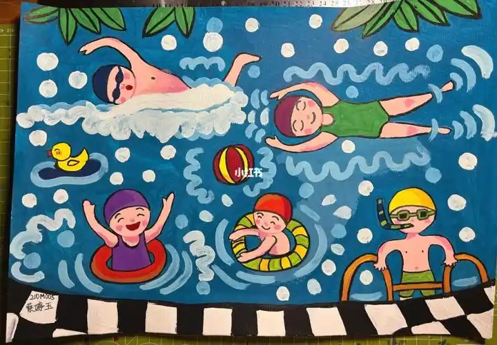 水粉画五个游泳的小孩#儿童画  #水粉画  #儿童水粉画