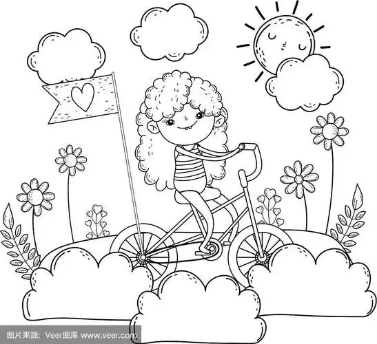 可爱的小女孩骑着自行车在风景里