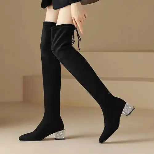 真皮过膝水晶跟长靴女小个子胖mm显瘦弹力瘦瘦靴加绒圆头高筒靴