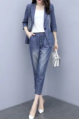 新款女装夏季两件套裤牛仔小西装外套小脚裤休闲时尚套装女春