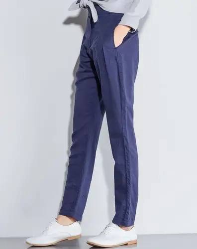 藏蓝色棉麻混纺休闲舒适裤子