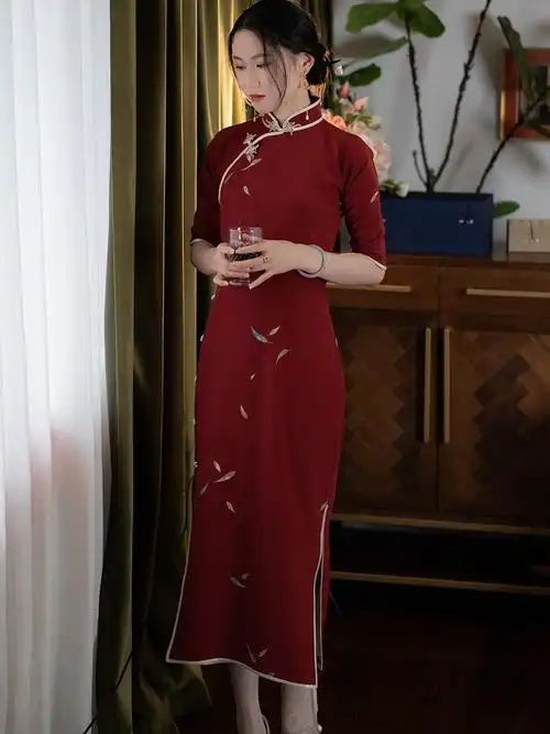 真丝长款旗袍敬酒服婚嫁礼服2022新款喜婆婆高档婚礼服妈妈装旗袍醋酸