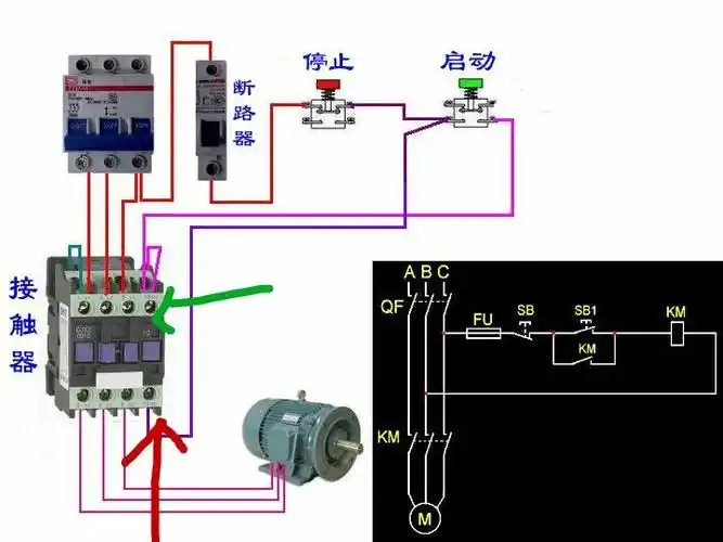 三相电机用.220v接触器,热继两地控制实物接线图