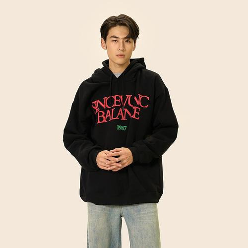 复古字母图案印花连帽卫衣男女秋季重磅高街情侣上衣vunc国潮美式