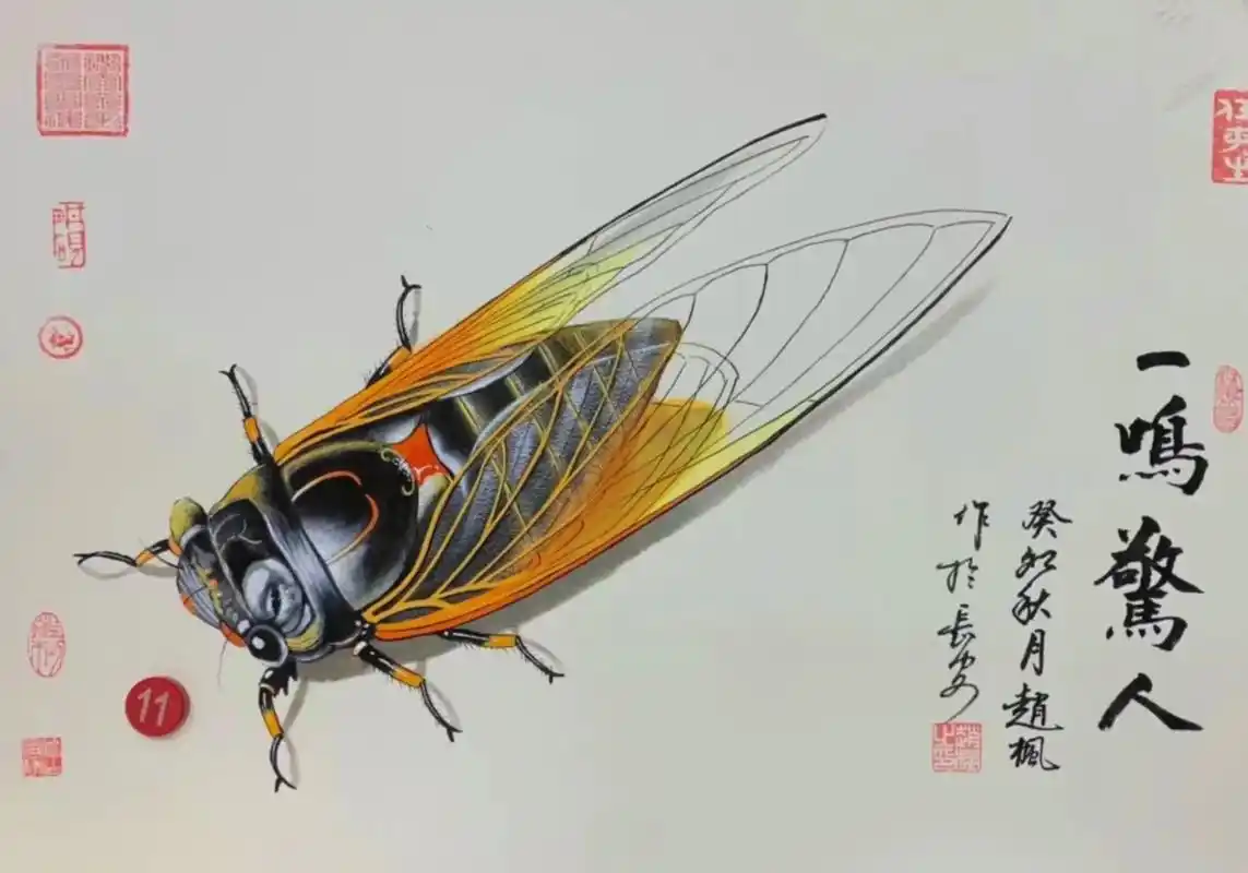 工笔一鸣惊人  知了  蝉鸣 名人字画  国画  中国书画# - 抖音