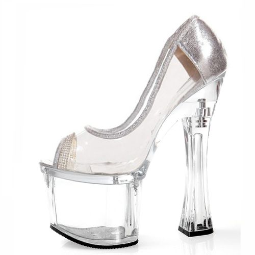 18公分防水台女高跟鞋超细跟浅口鱼嘴低帮单鞋恨天高大码透明水晶