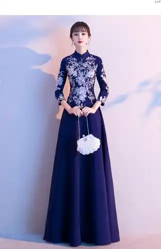 礼仪服装中国风女祺袍晚礼服女2020新款宴会主持人中式秋冬年会礼服