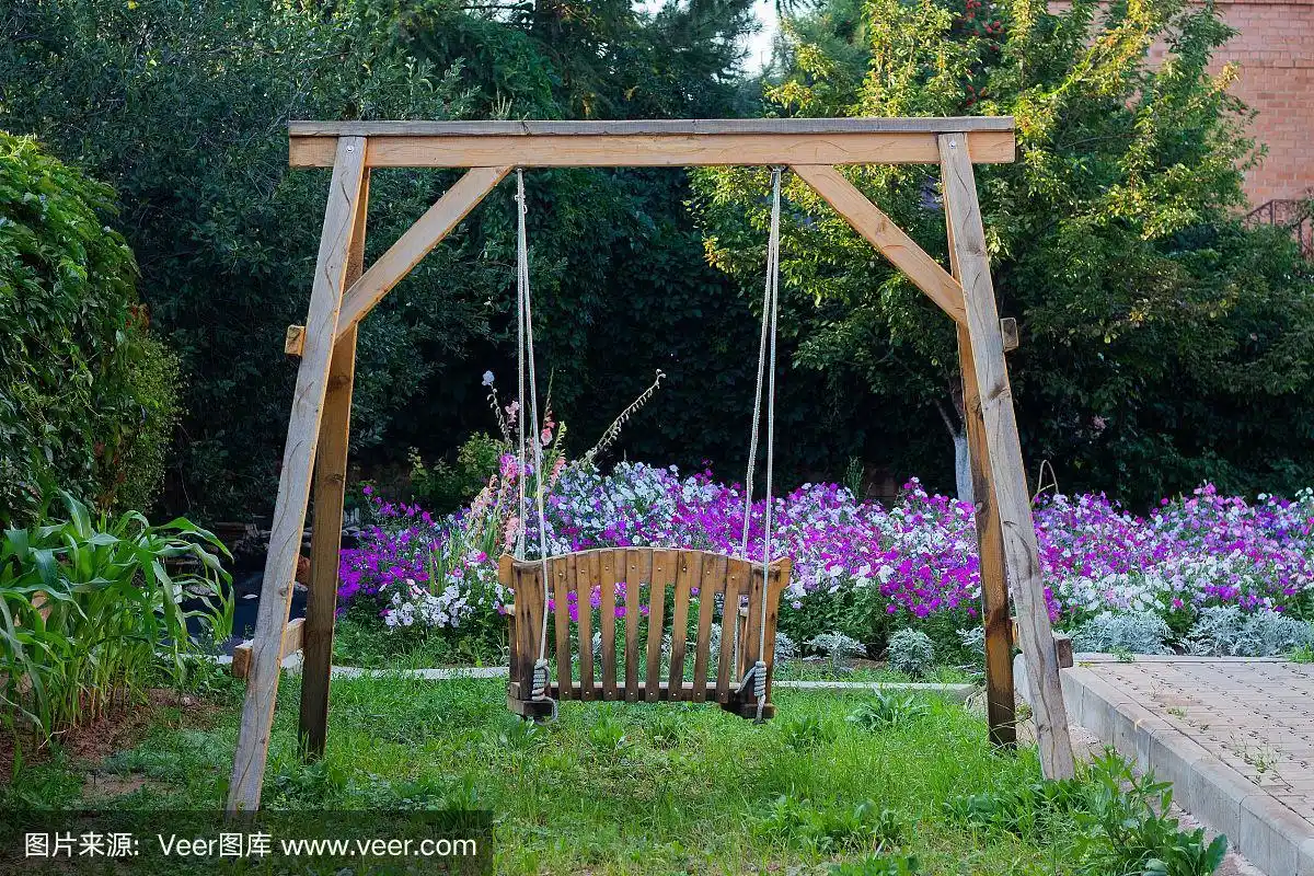后院有秋千,草地和其他绿色植物.