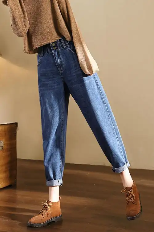 显瘦显高松紧腰高腰牛仔裤女牛仔裤女宽松哈伦裤老爹裤九分萝卜裤