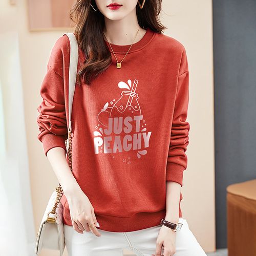 德玛纳圆领卫衣女加绒加厚设计感小众秋冬无帽上衣 绯红色(加绒) s