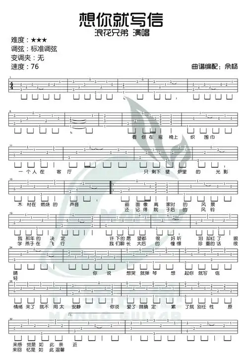 想你就写信吉他谱1-浪花兄弟-c调指法