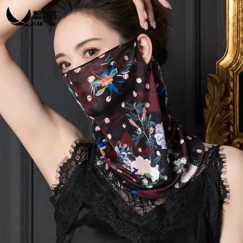 真丝防晒围脖女套头挂耳蒙面围巾100%桑蚕丝夏季护颈脖套小丝巾薄