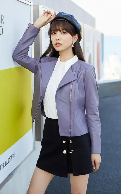 moda2020秋冬新款拉链装饰羊皮革修身短款皮衣女320310031 e37苍紫色
