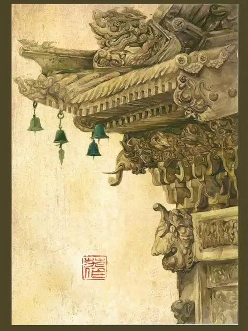 水彩古建筑雀替