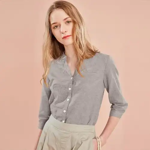 佐丹奴麻棉衬衫女薄款女装衬衫天然麻棉v领七分袖衬衣13349201