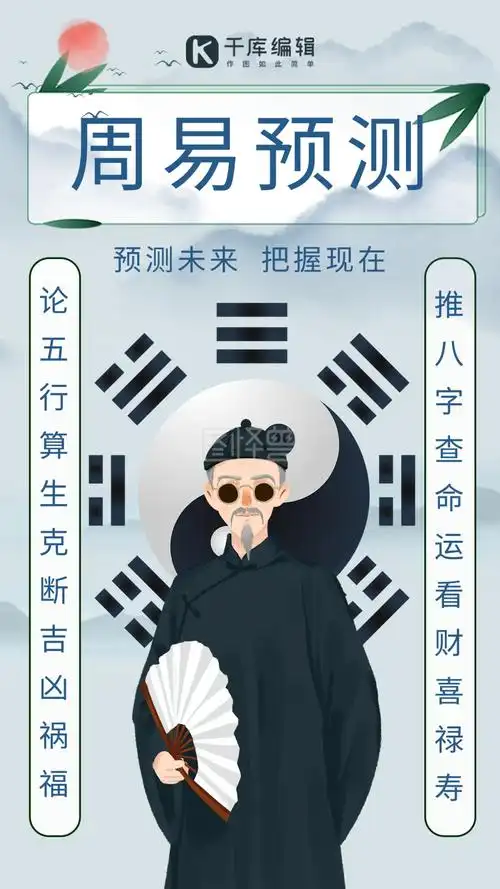 周易预测占卜算命先生淡青色中国风手机海报