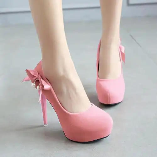 女生粉色鞋_小清新高跟鞋 少女18岁女生单鞋圆头细跟甜美粉色蝴蝶结