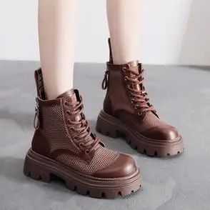 女新款马丁靴夏季真皮厚底短靴网靴英伦透气网纱镂空凉靴薄款爆款