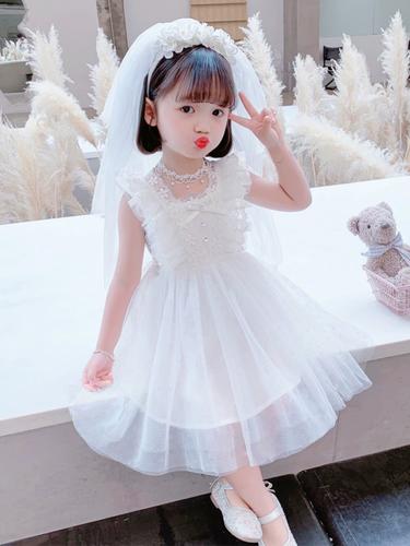 儿童露肩露背连衣裙白纱裙夏季礼服白色公主裙女童夏女孩裙子夏装