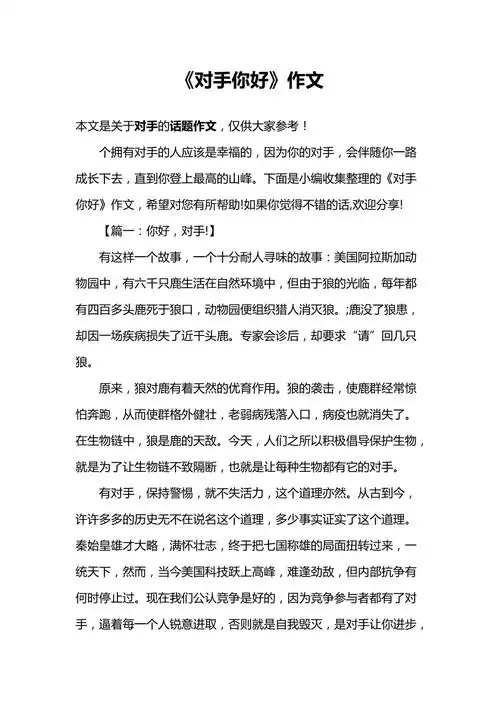 对手你好作文