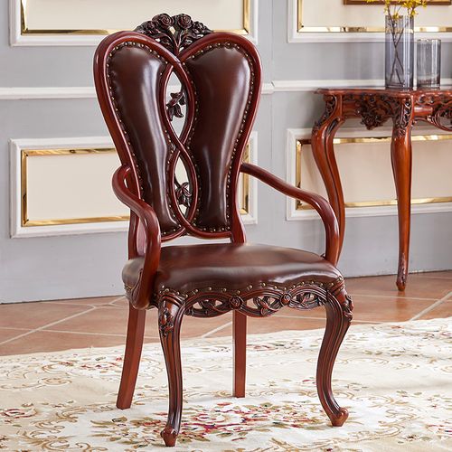 欧式实木意式轻奢扶手真皮舒适椅子做旧皮革酒店咖啡家用电脑餐椅