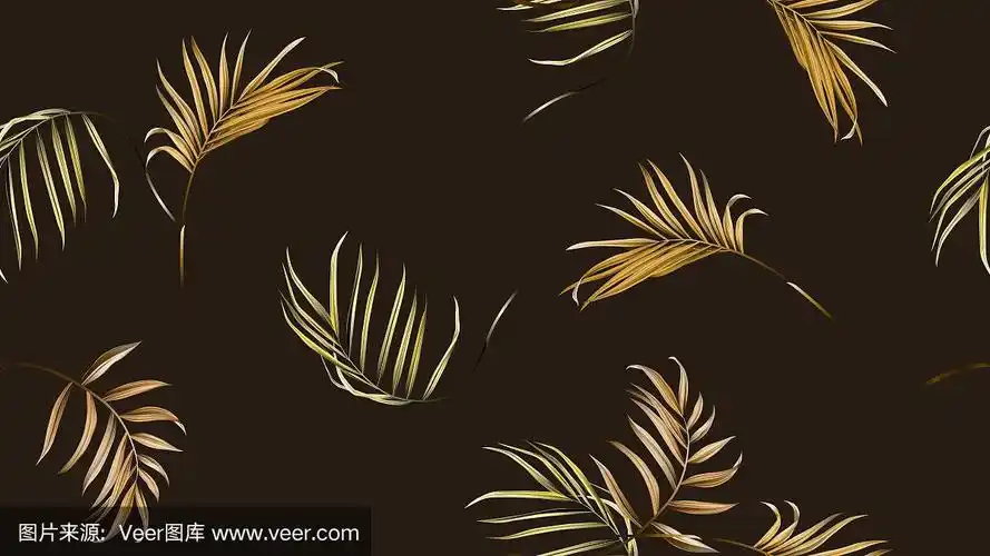 花的无缝图案,金棕色竹棕叶在深棕色的背景,柔和的复古主题