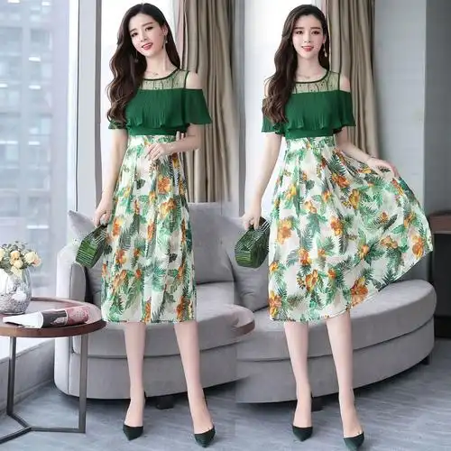 雪纺连衣裙夏装女士新品韩版显瘦气质淑女时尚拼色清新碎花裙子女