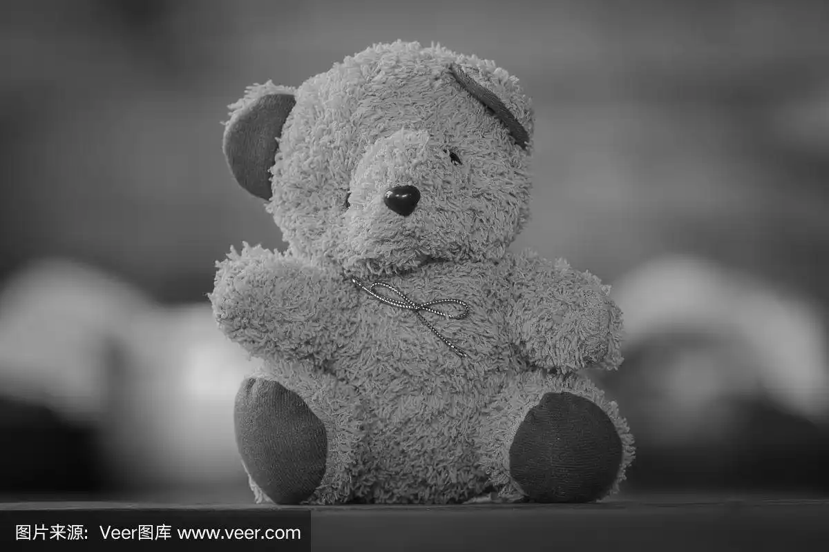 黑白相间的泰迪熊坐在旧的木头背景上
