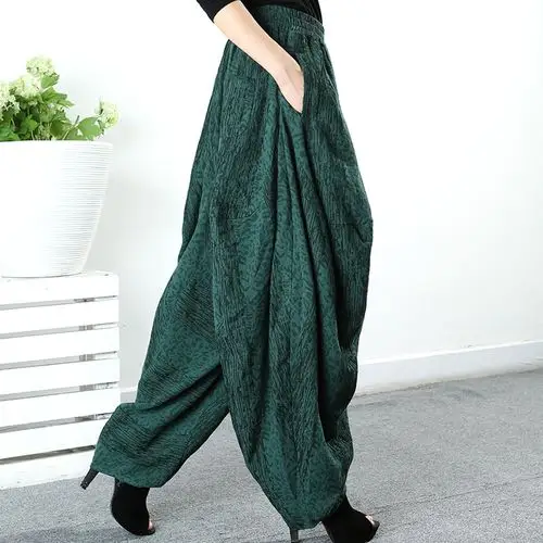 中老年妈妈裤女春秋坠感灯笼裤民族风棉麻红色宽松大码高腰胖mm裤