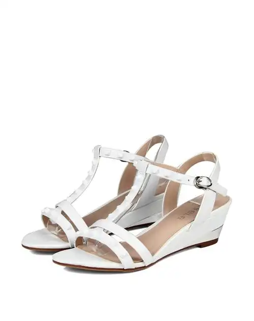 专柜同步白色牛皮纯色简约t字条带坡跟凉鞋