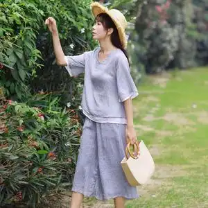 亚麻棉麻套装女款两件套夏文艺复古双层v领短袖上衣七分裤阔腿裤