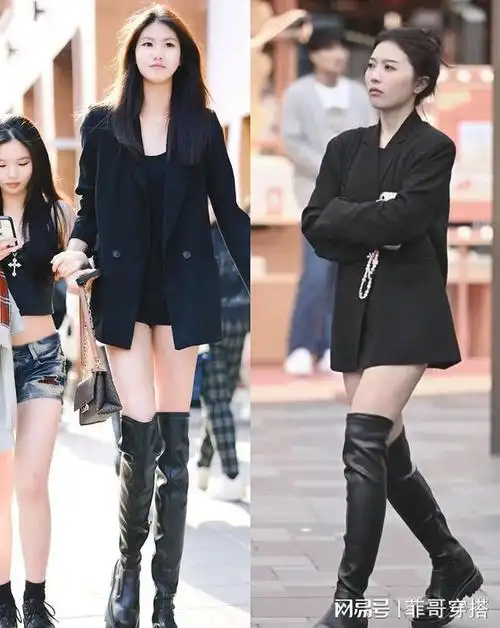 不用怀疑,黑色西装外套搭配皮质长筒靴,再让下装变短,营造出下身失踪