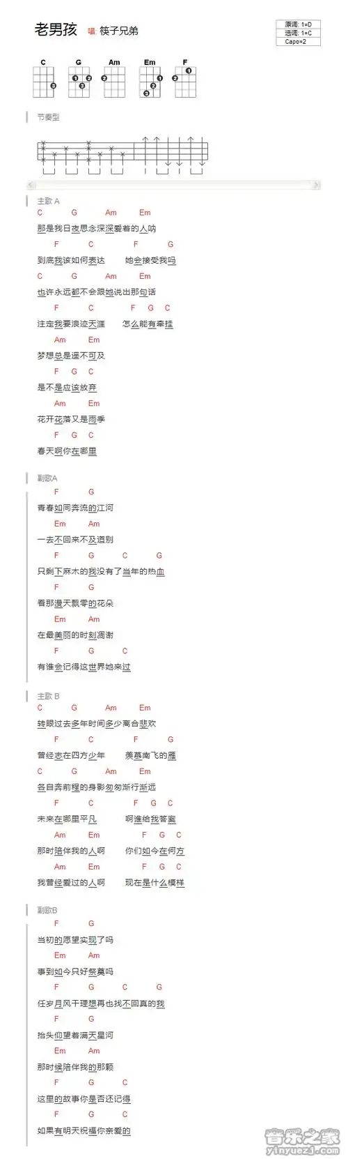 版本一 筷子兄弟《老男孩》尤克里里弹唱谱
