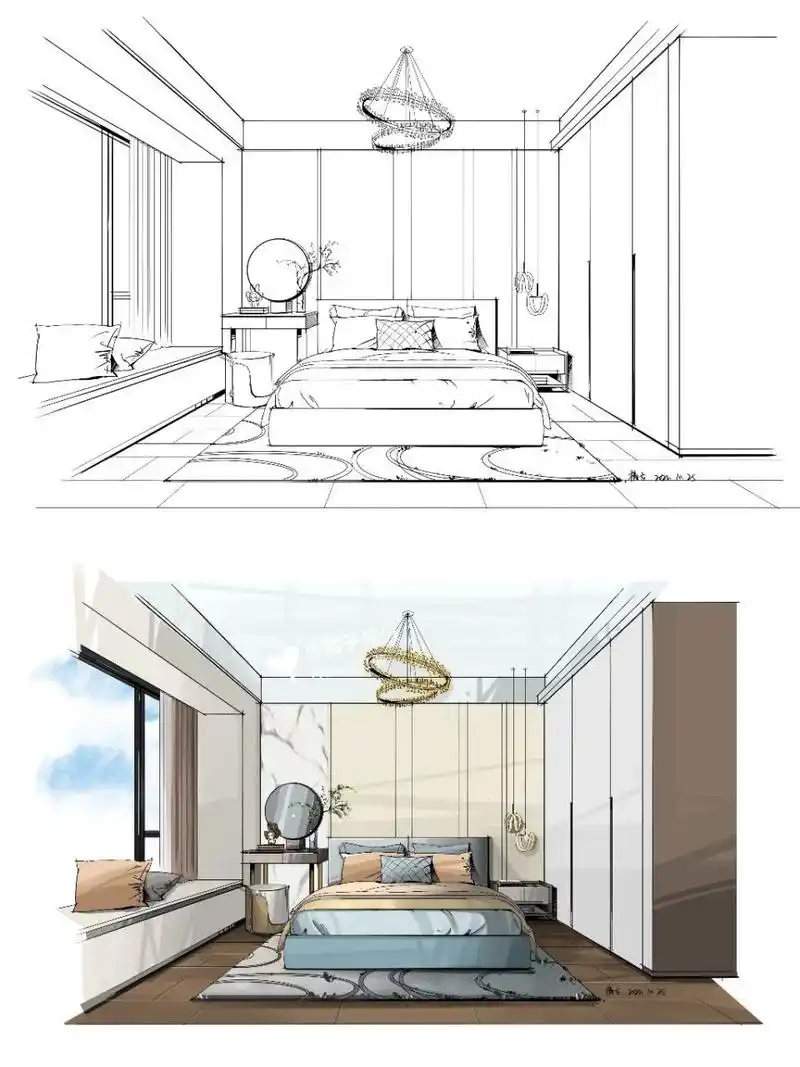 手绘效果图写生 卧室 风格:现代 一点透视