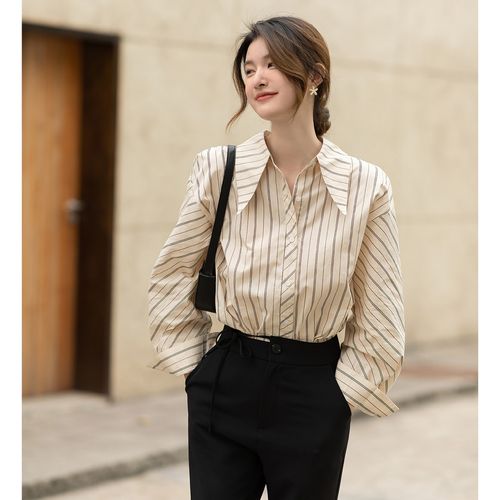 港风复古条纹衬衫女春季女装宽松显瘦外套女潮