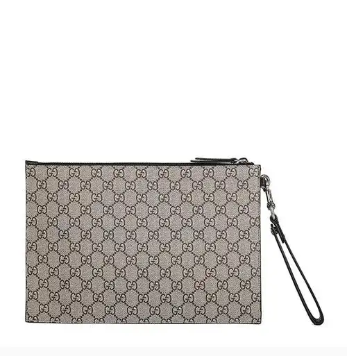 gucci/古驰 男士时尚狼头印花棕色pvc拉链手拿包