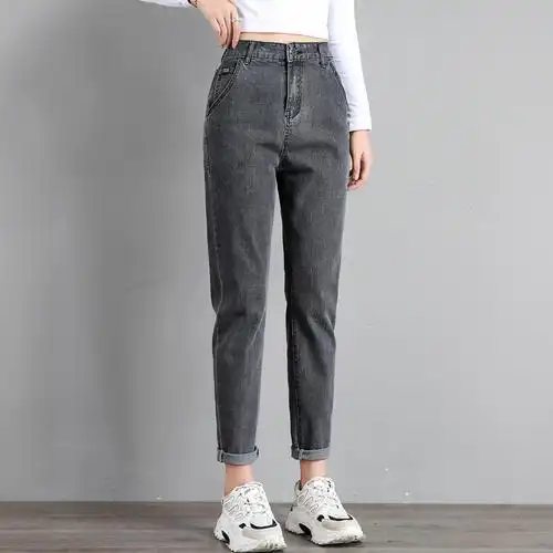 今年灰色烟灰宽松裤女哈伦九分流行高九分瘦显牛仔裤