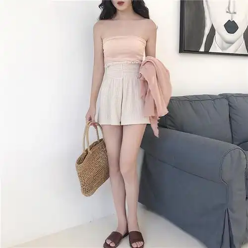 2019新款春装温柔堆叠网纱弹力抹胸针织钩花高腰木耳边显瘦短裤女