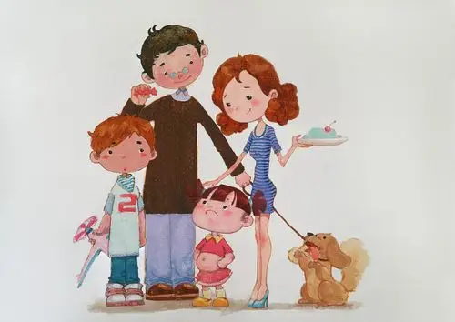 一家四口手绘水彩