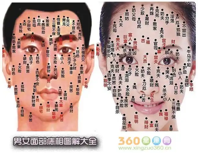 面部痣的位置与命运男女面部痣相图解大全