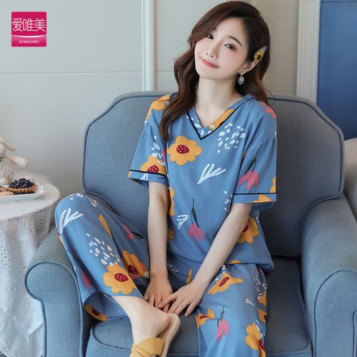夏季睡衣女短袖棉绸薄款韩版可爱女生宽松两件套装空调家居服外穿