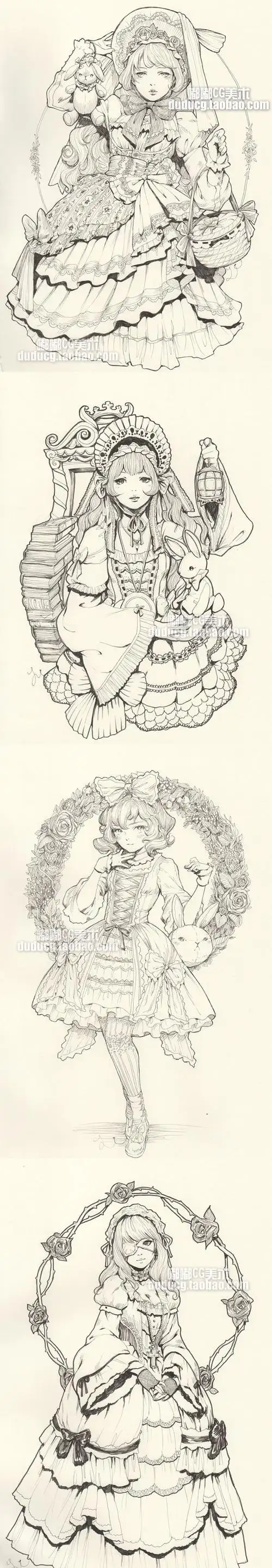 750 洛丽塔复古华丽少女手绘 线稿临摹素材 公主洛可可原画绘画-淘宝