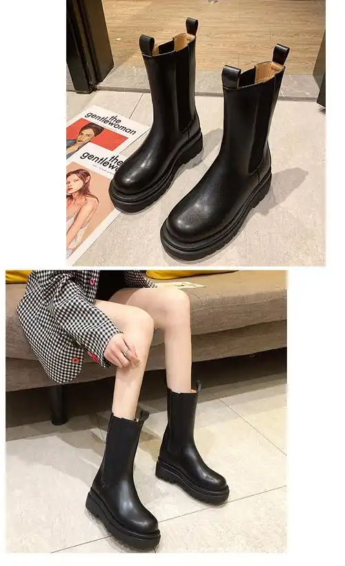 牛皮版大码女靴烟筒靴女中筒靴粗腿胖mm大筒围马丁靴切尔西短靴子