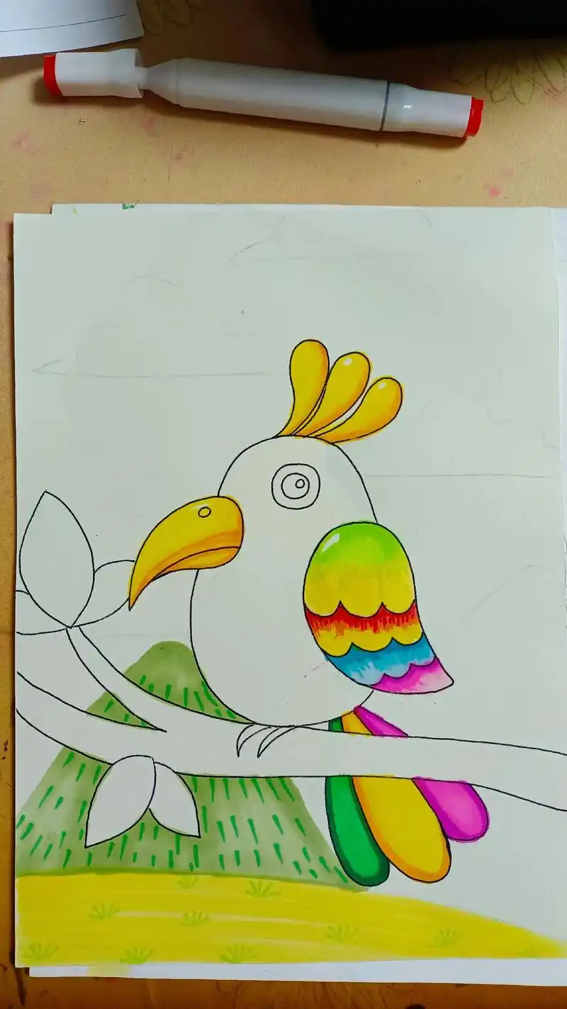 画只彩色的鸟#纯手绘  - 抖音