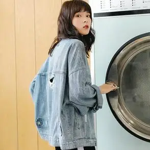 季想破洞牛仔外套女秋宽松显瘦韩版中长款学生bf复古原宿风牛仔衣