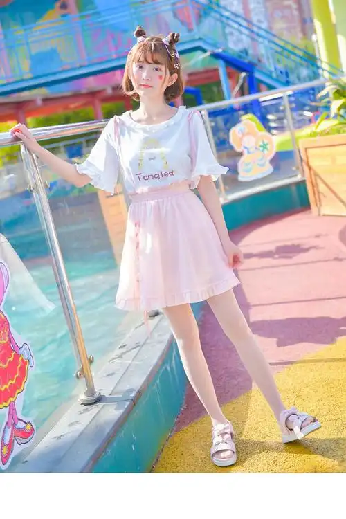 森女部落短裙高腰半身裙粉色少女背带裙可爱高腰a字裙夏装淘宝网