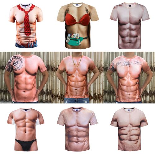 猛男肌肉装短袖男t恤衫搞怪笑个性逼真假胸肌假腹肌年会表演衣服