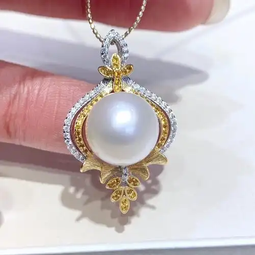 s925银镶嵌天然淡水白珍珠吊坠 12-13mm 正面无暇 精致时尚 百搭