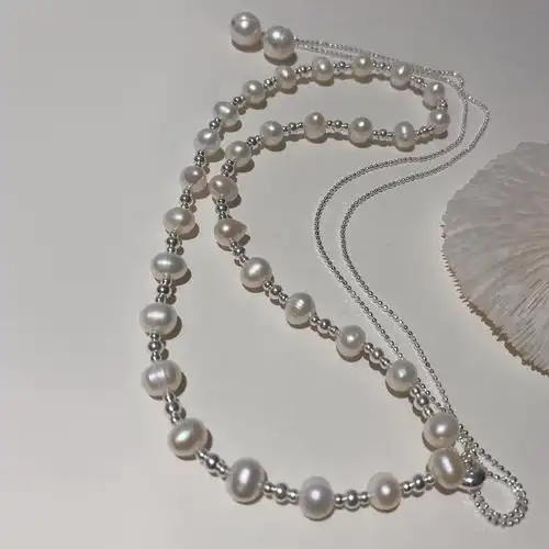 恋美长款珍珠链条项链设计简约s925纯银毛衣项链